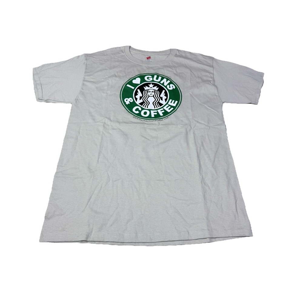 Hanes I Love‎ Guns And Coffee Novelty T Shirt Mens M Beige 1n